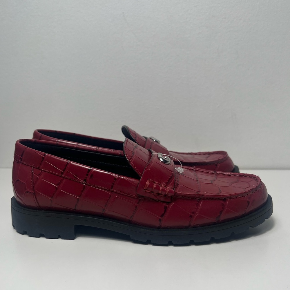 Coach Jocelyn Croc Embossed Dark Ruby Red Leather Slip On Penny Loafers Flats - Picture 9 of 13